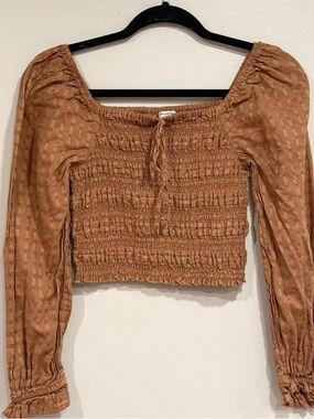 American Eagle Outfitters Brown Smocked Long Sleeve Cropped Blouse Boho Small